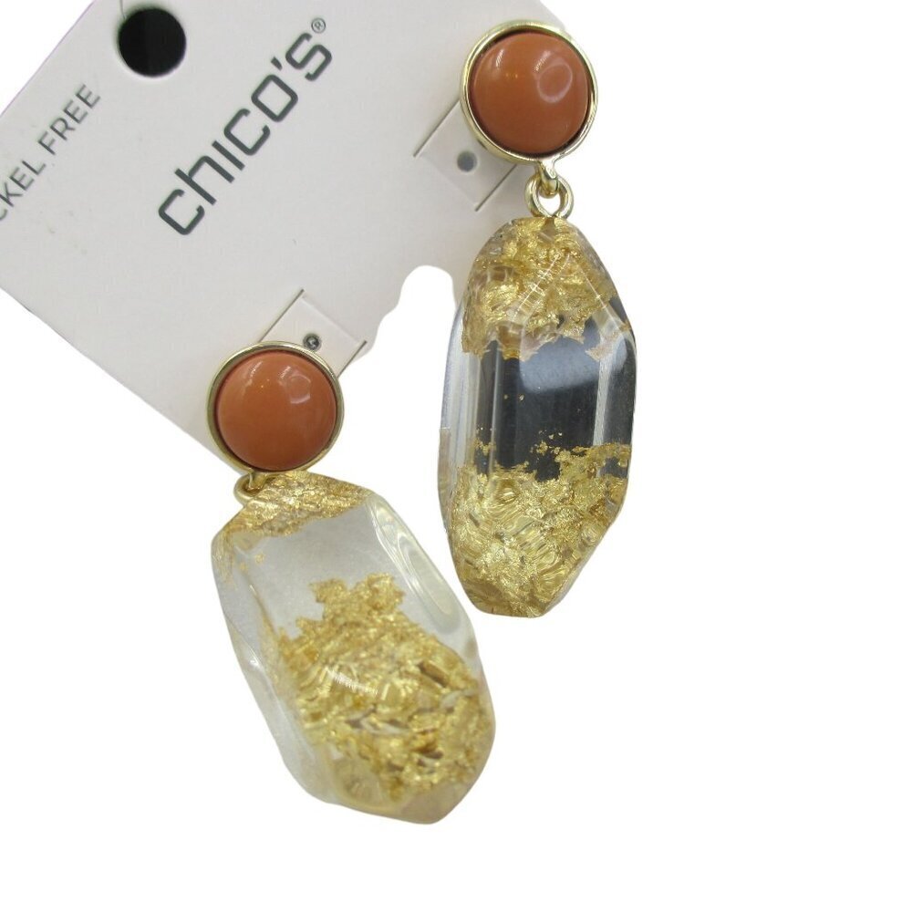Chico's No Droop™ Lucite Gold Foil Earrings NWT Neutral Earthcore Unique - Picture 2 of 9